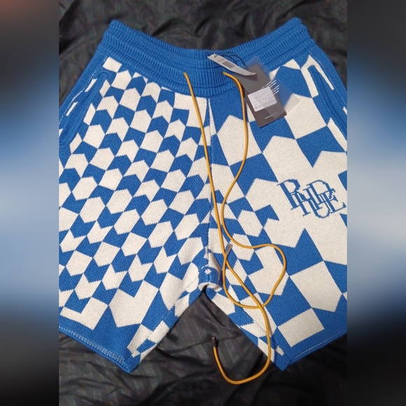 Rhude Geometric Blue and White Knit Shorts - Picture 1 of 9